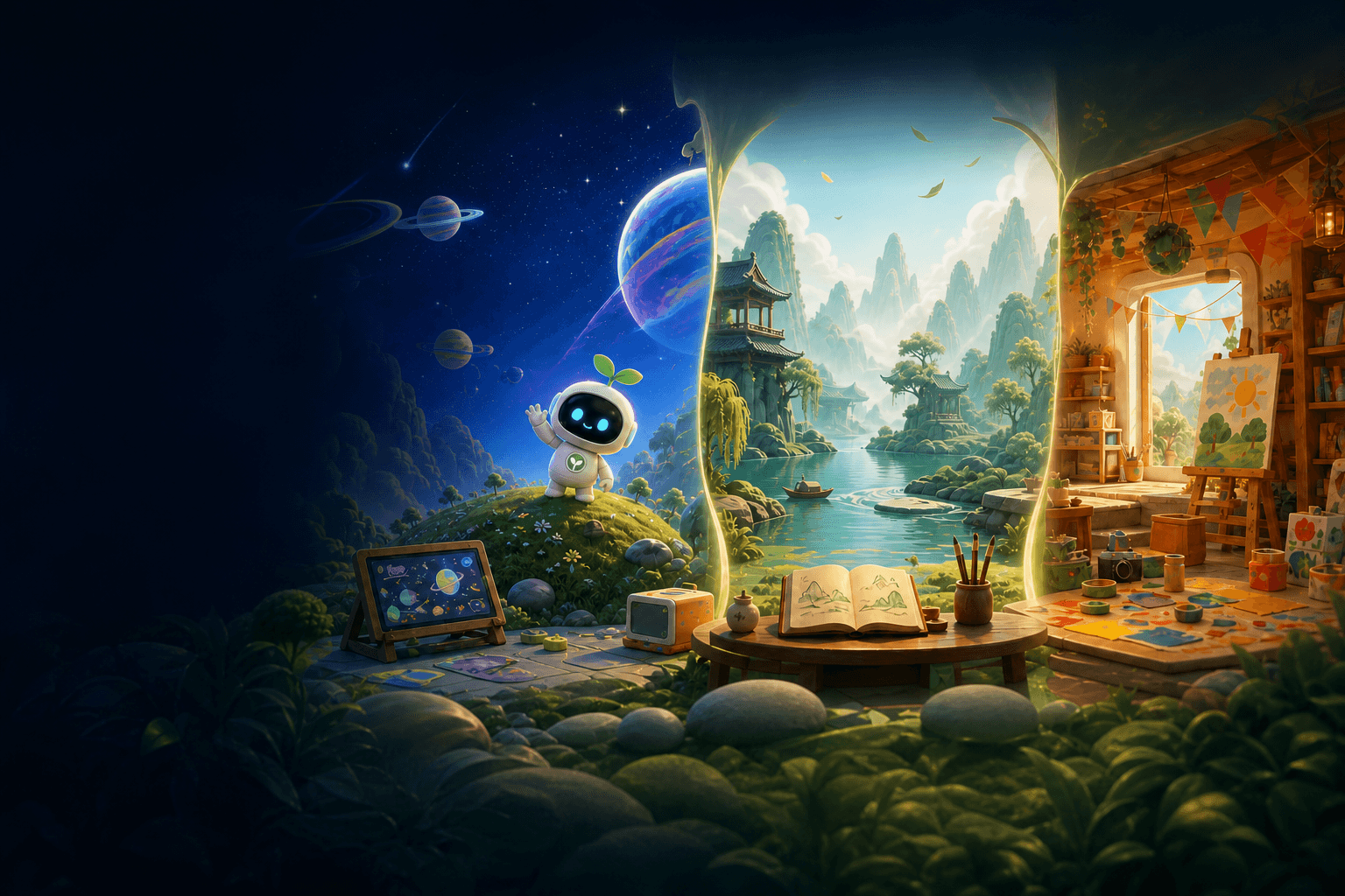 AI 星球、诗词山水与创意工坊组成的连续课程世界
